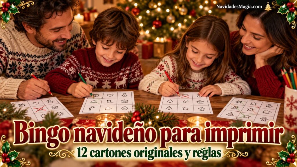 Familia jugando con cartones impresos de bingo navideño y lápices