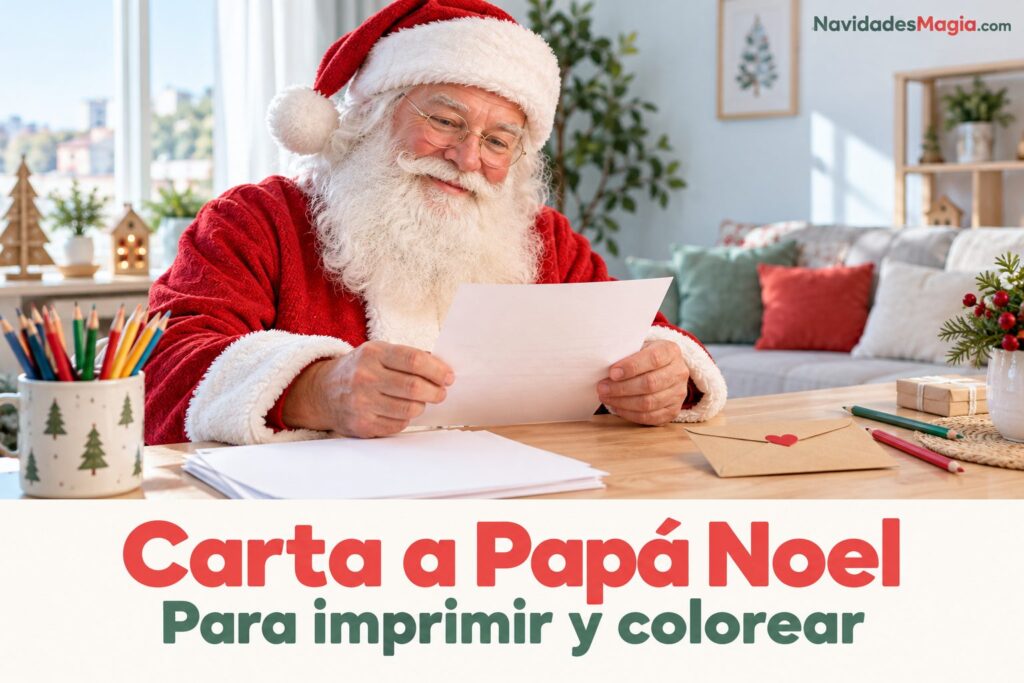 Portada de una carta a Papá Noel para imprimir, con Santa de apariencia realista leyendo en una casa luminosa