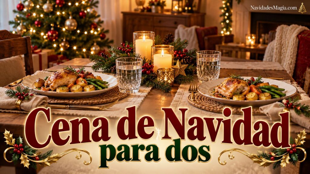 Mesa navideña preparada para dos personas con pollo, papas y verduras