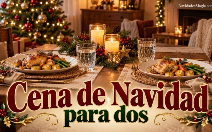 Mesa navideña preparada para dos personas con pollo, papas y verduras