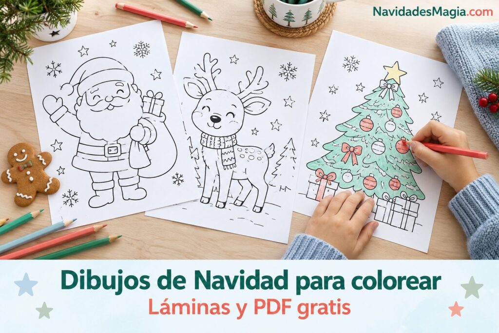 Portada de dibujos navideños para colorear con una mesa de materiales, hojas y lápices de colores