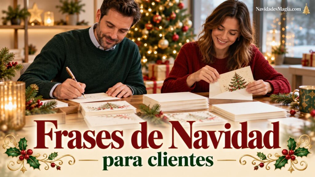 Dos personas preparando tarjetas navideñas para sus clientes en una mesa de trabajo