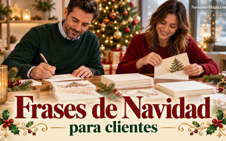 Dos personas preparando tarjetas navideñas para sus clientes en una mesa de trabajo