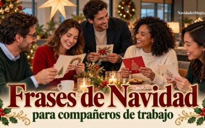 Compañeros de trabajo compartiendo tarjetas navideñas durante una pausa en la oficina