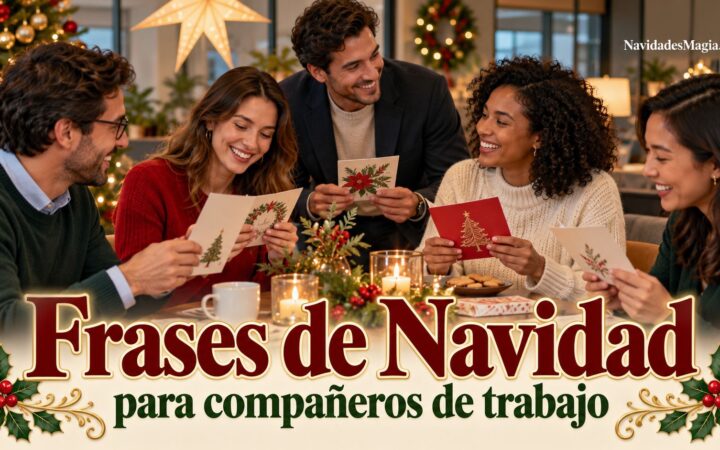 Compañeros de trabajo compartiendo tarjetas navideñas durante una pausa en la oficina