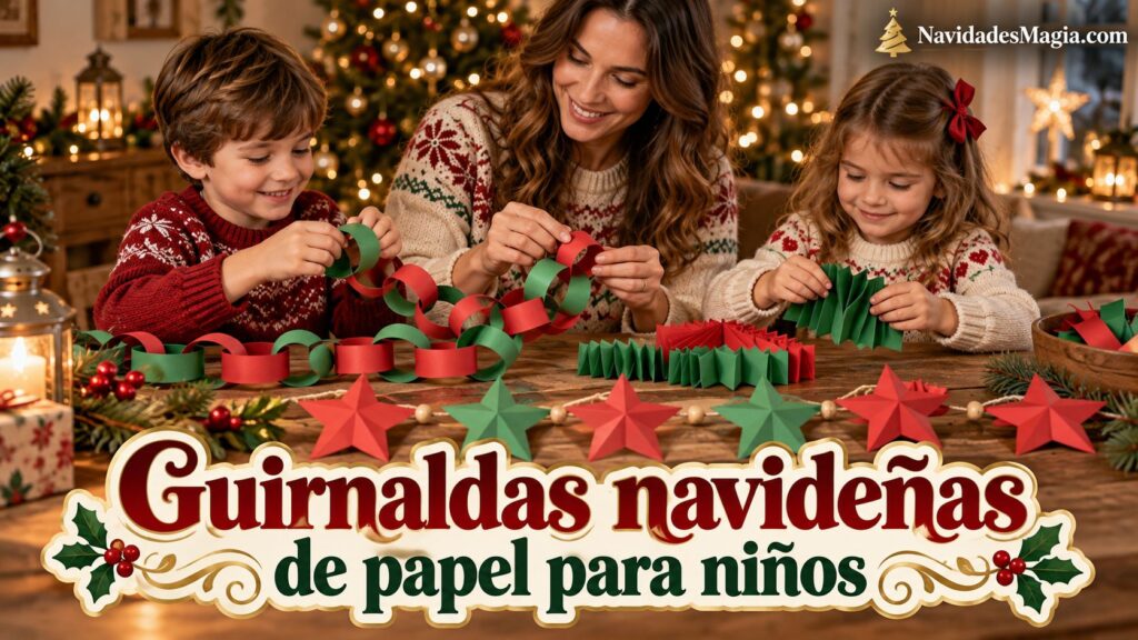 Familia haciendo guirnaldas navideñas de papel con aros, estrellas y acordeones