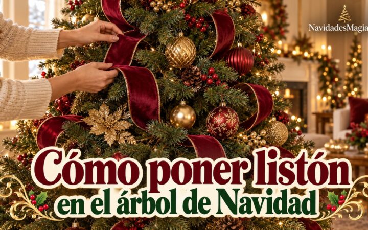 Manos colocando listón rojo en curvas sobre un árbol de Navidad