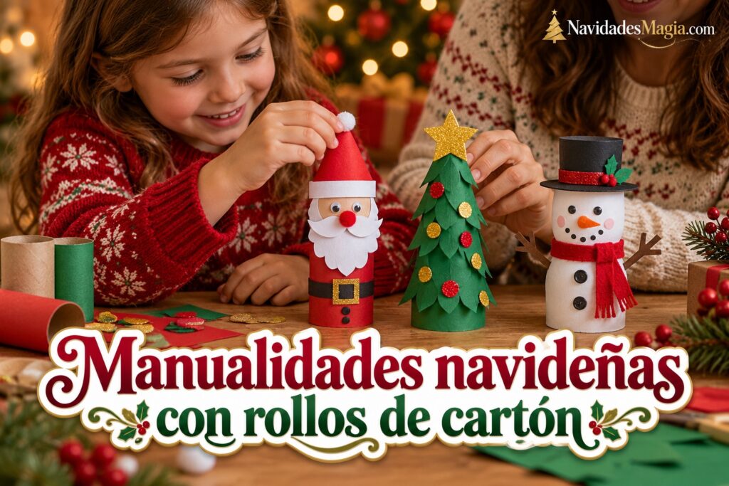 Niña y adulta creando figuras navideñas con tubos de cartón y papel