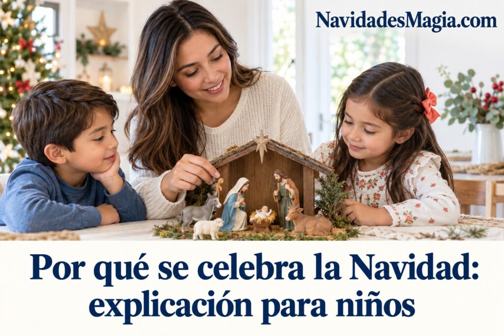 Una madre conversa con dos niños junto a un nacimiento navideño