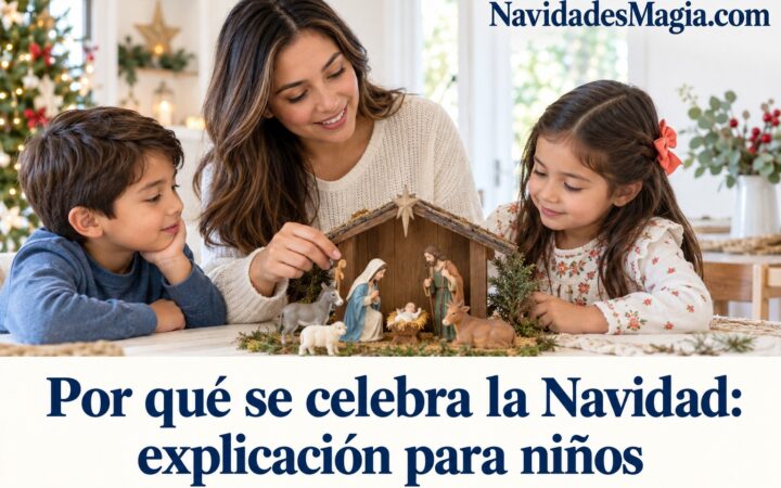 Una madre conversa con dos niños junto a un nacimiento navideño