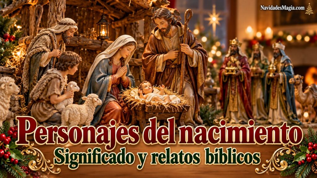 Nacimiento navideño con Jesús, María, José, pastores y figuras tradicionales de los magos