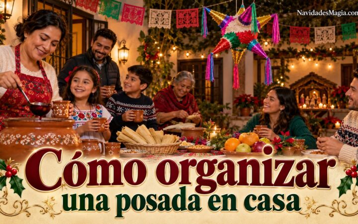 Familia y amigos compartiendo comida durante una posada navideña en casa