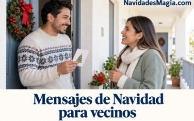 Dos vecinos se saludan con una tarjeta navideña en un pasillo claro