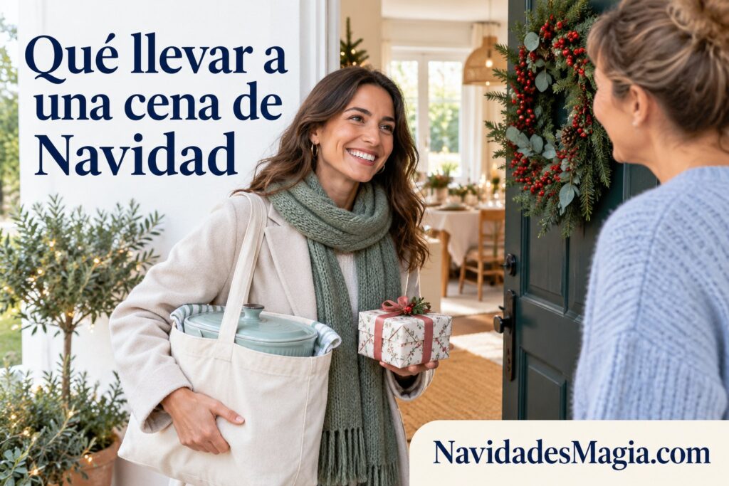 Portada: Una invitada lleva un recipiente cerrado y un pequeño detalle a una casa decorada para Navidad