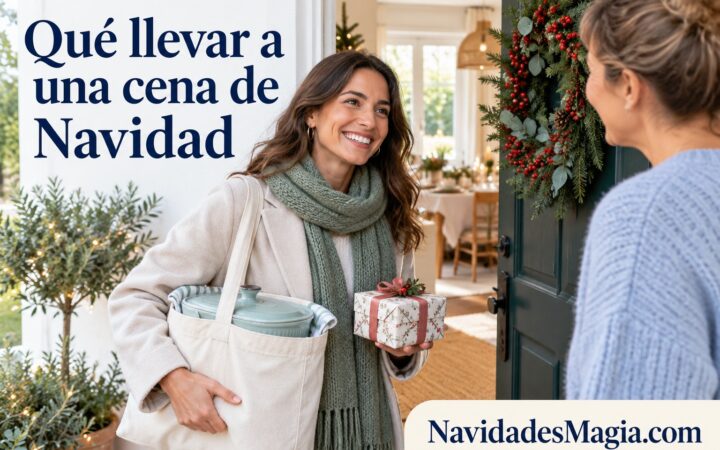 Portada: Una invitada lleva un recipiente cerrado y un pequeño detalle a una casa decorada para Navidad