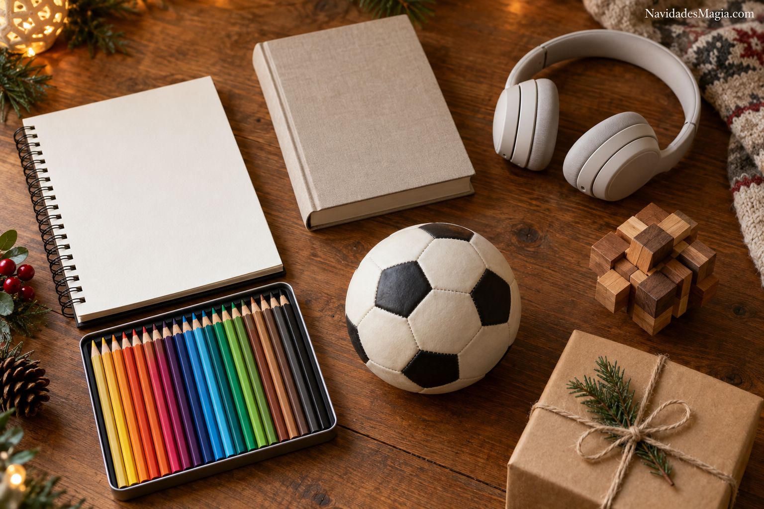 Cuaderno de dibujo, lápices, libro, audífonos, balón y rompecabezas como ideas de regalos según intereses