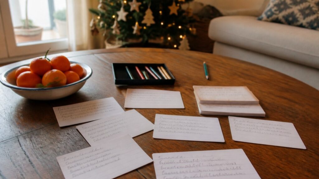 Tarjetas de adivinanzas navideñas escritas a mano sobre una mesa